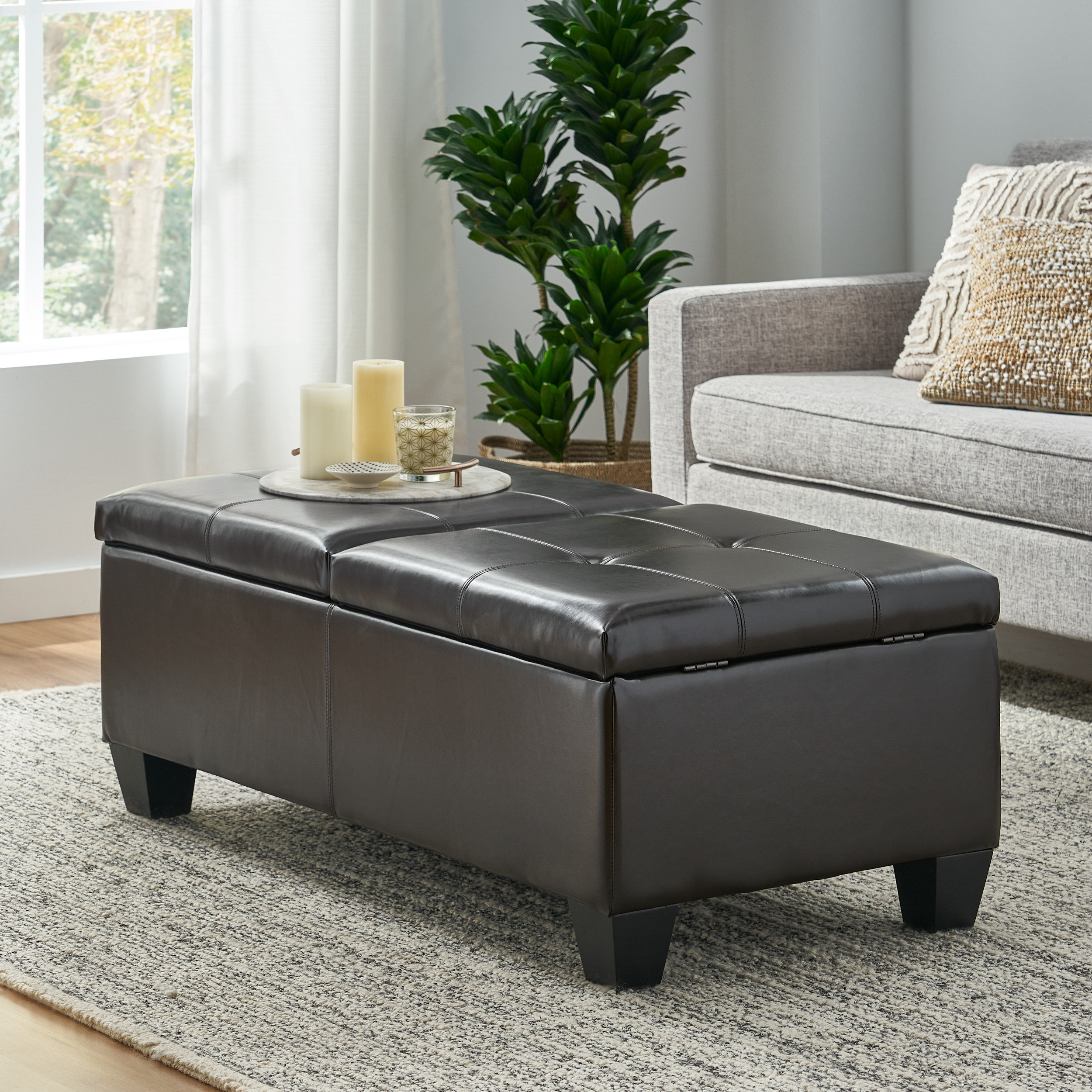 Gray leather storage ottoman discount